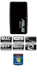 Беспроводной сетевой адаптер ASUS USB-N10, USB 2.0, 802.11N, WPS, 270 Мбит/с