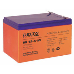 Свинцово-кислотный аккумулятор Delta серии HR 12-51 (12 А\ч, 12В, 51Вт/эл) для ИБП